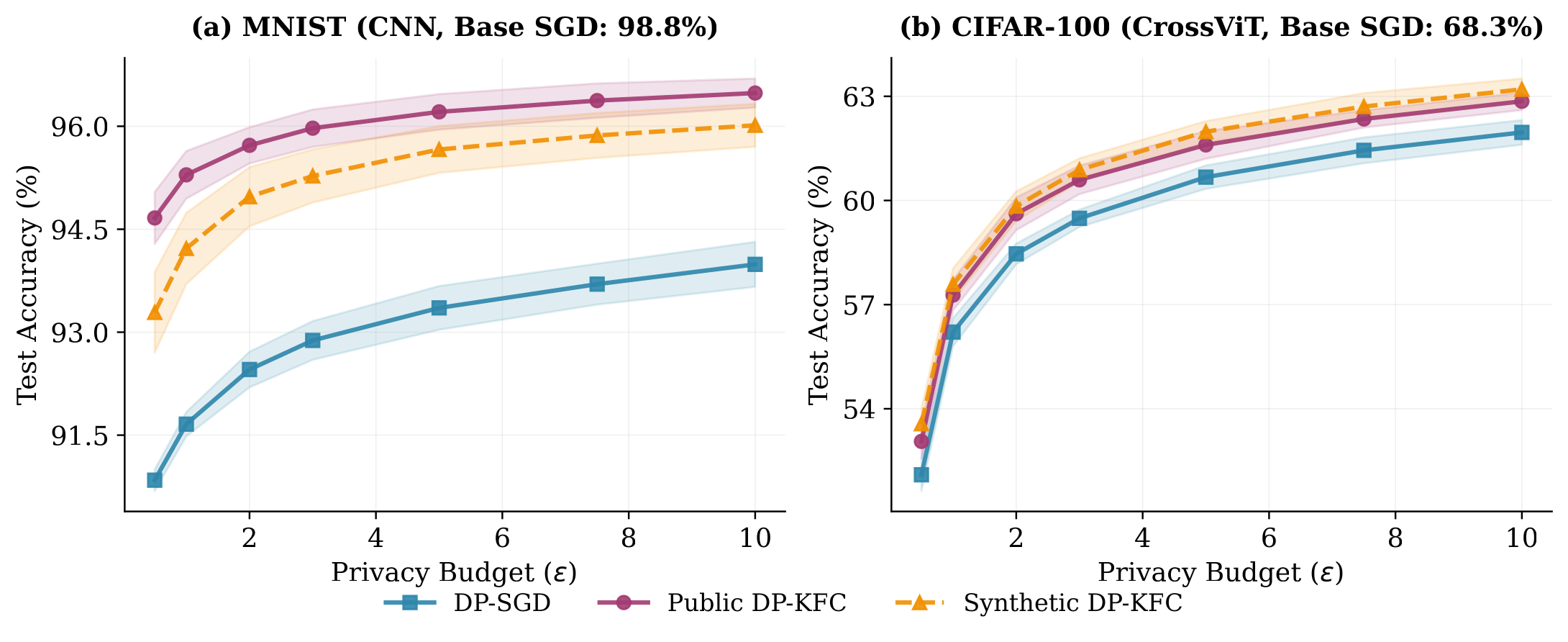 Privacy-utility trade-off on MNIST and CIFAR-100.